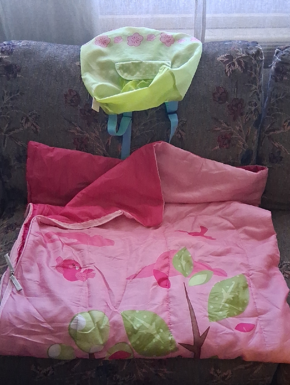 Pink Floral Kids Sleeping Bag with Green Accent Hood